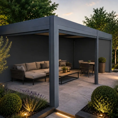 ​Our bioclimatic Eclipse gazebos are revolutionising the way you can make the most out of your garden! Complete with a motorised louvred roof and stylish textilene privacy screens, this gazebo range will create the perfect  ​patio furniture spain